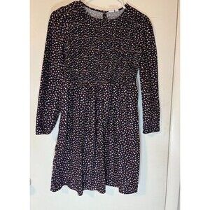 Gap Kids Girls Black Cotton Dress w/Pink Floral Print Ruched Lng Slves Sz XXL